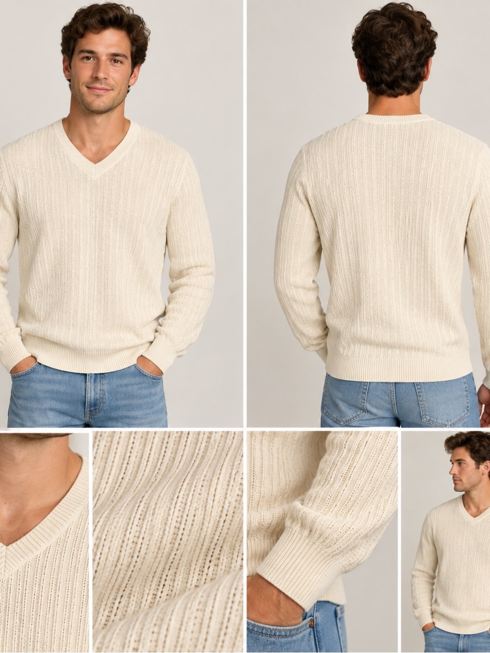 Alfani 100% cotton Men's V-Neck Knit Sweater in Cream — Lightweight Rib Texture